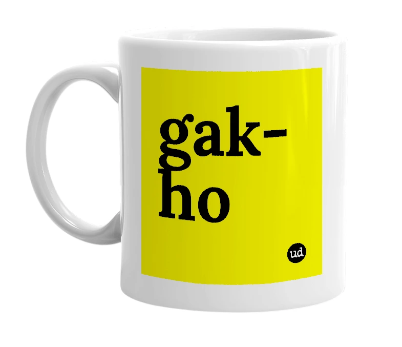 White mug with 'gak-ho' in bold black letters