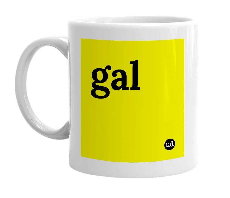 White mug with 'gal' in bold black letters