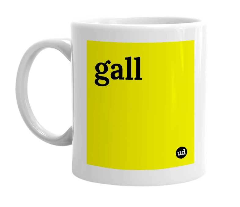 White mug with 'gall' in bold black letters