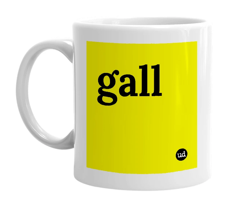 White mug with 'gall' in bold black letters