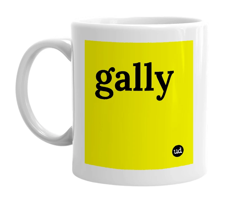 White mug with 'gally' in bold black letters