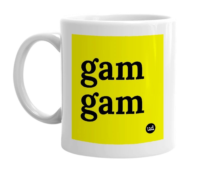 White mug with 'gam gam' in bold black letters