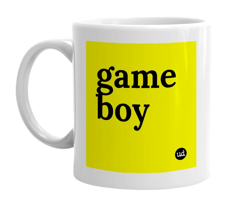 White mug with 'game boy' in bold black letters