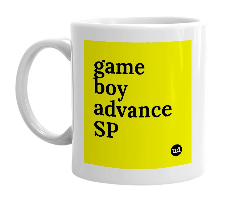 White mug with 'game boy advance SP' in bold black letters