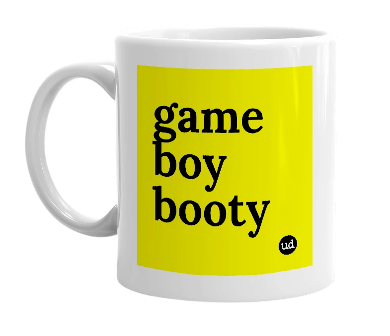 White mug with 'game boy booty' in bold black letters