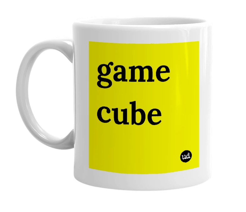 White mug with 'game cube' in bold black letters