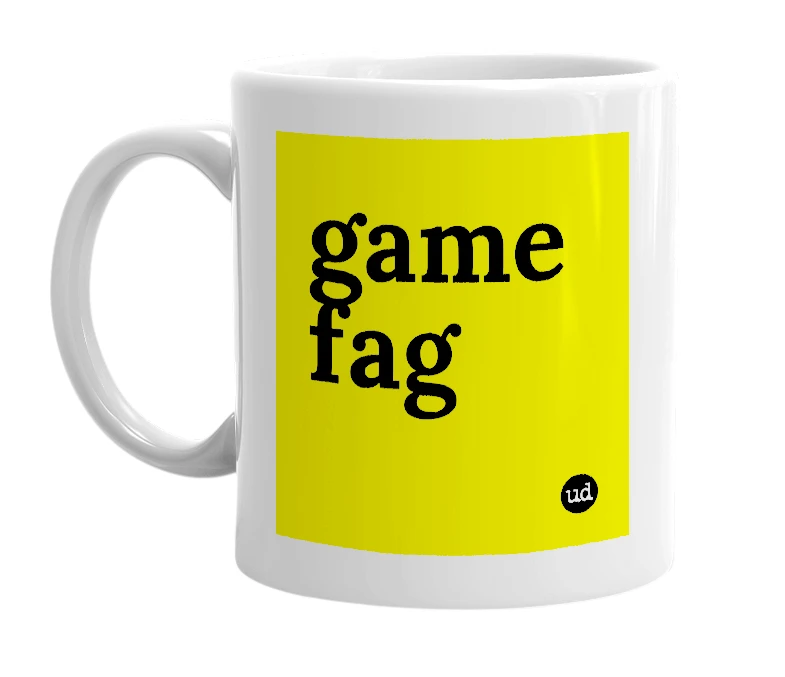 White mug with 'game fag' in bold black letters