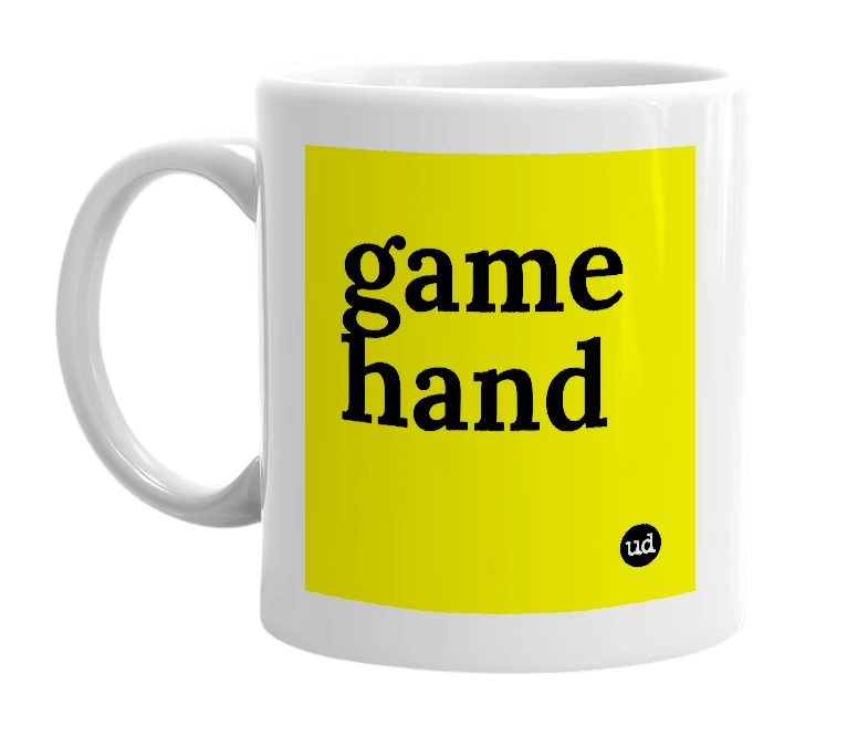 White mug with 'game hand' in bold black letters