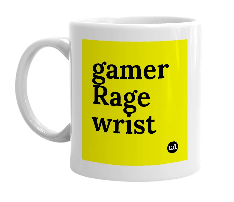 White mug with 'gamer Rage wrist' in bold black letters