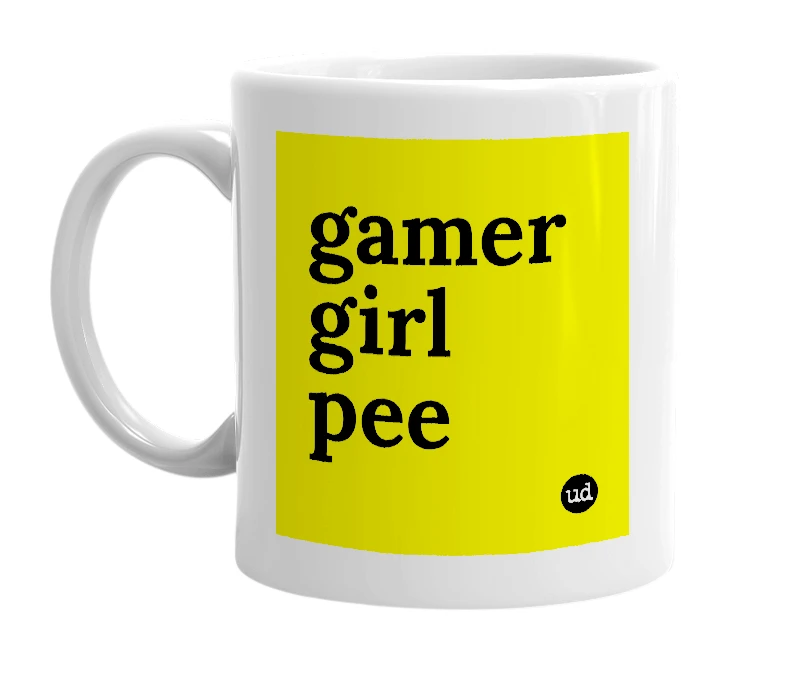 White mug with 'gamer girl pee' in bold black letters