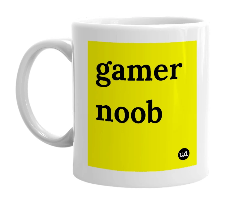 White mug with 'gamer noob' in bold black letters