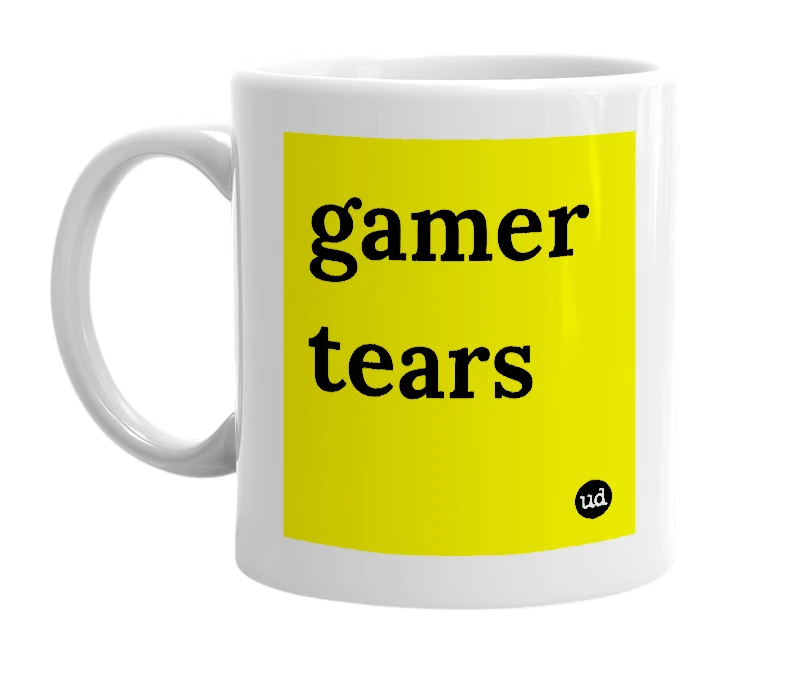 White mug with 'gamer tears' in bold black letters