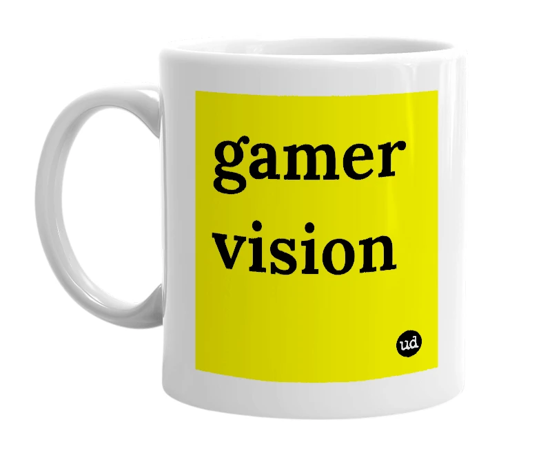 White mug with 'gamer vision' in bold black letters