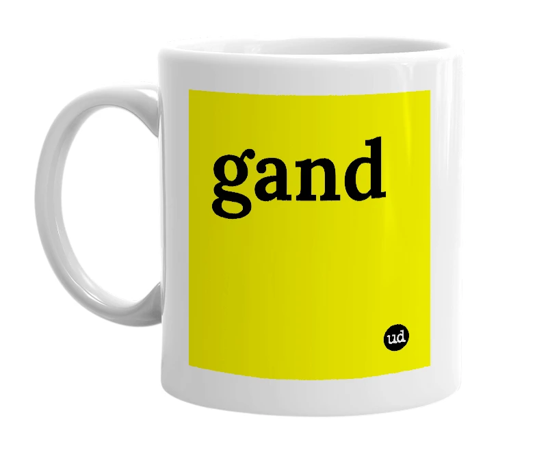 White mug with 'gand' in bold black letters