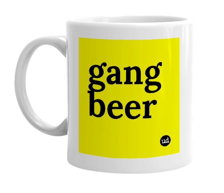 White mug with 'gang beer' in bold black letters