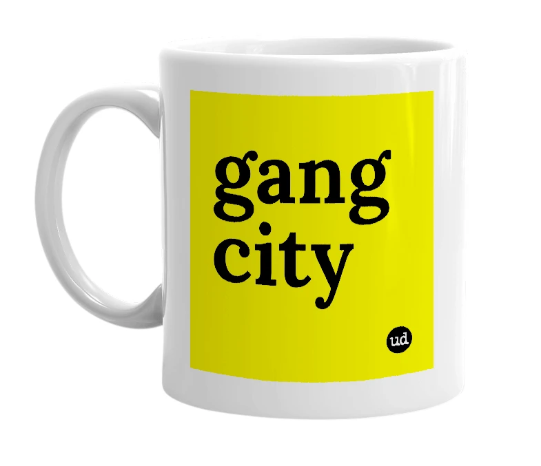 White mug with 'gang city' in bold black letters