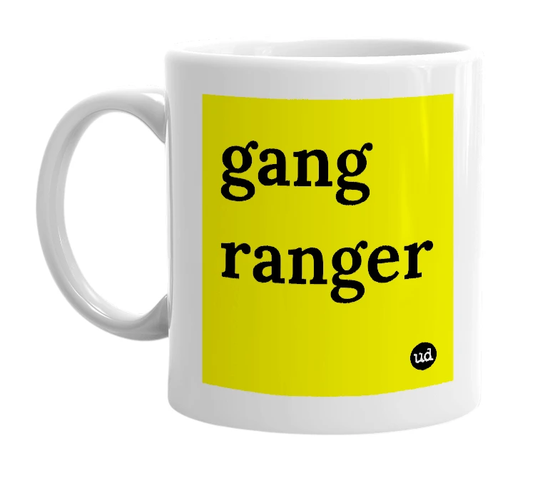 White mug with 'gang ranger' in bold black letters