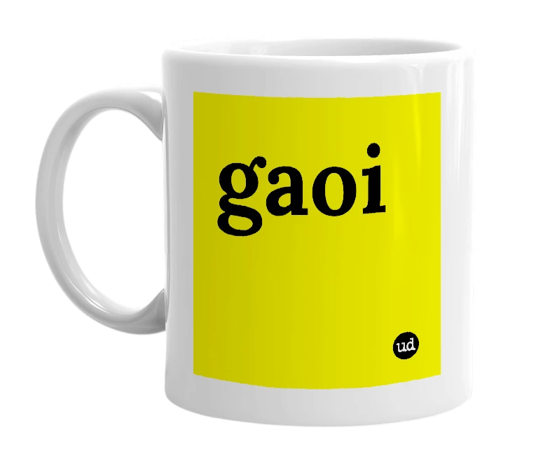 White mug with 'gaoi' in bold black letters