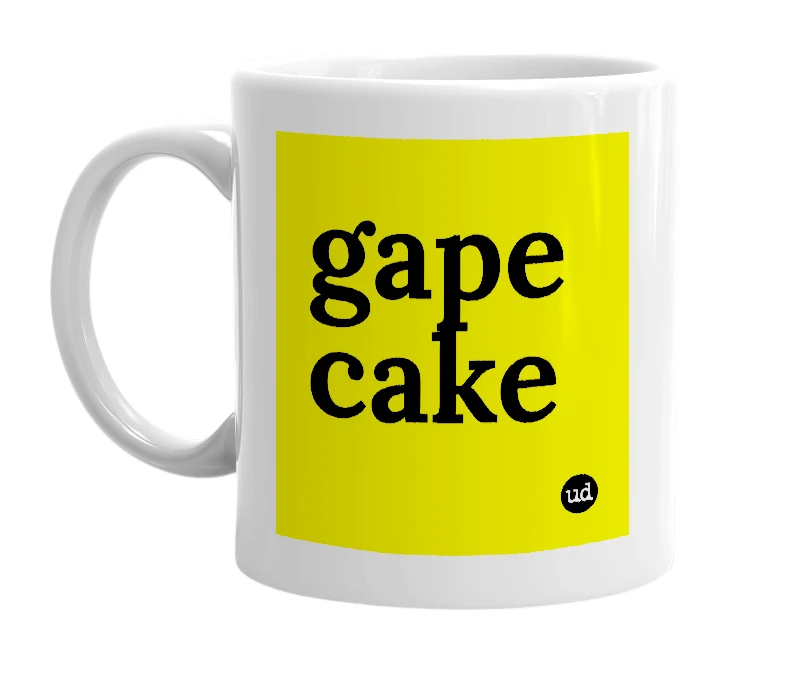 White mug with 'gape cake' in bold black letters