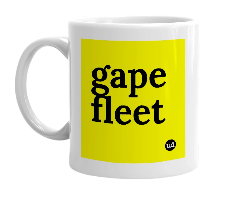 White mug with 'gape fleet' in bold black letters