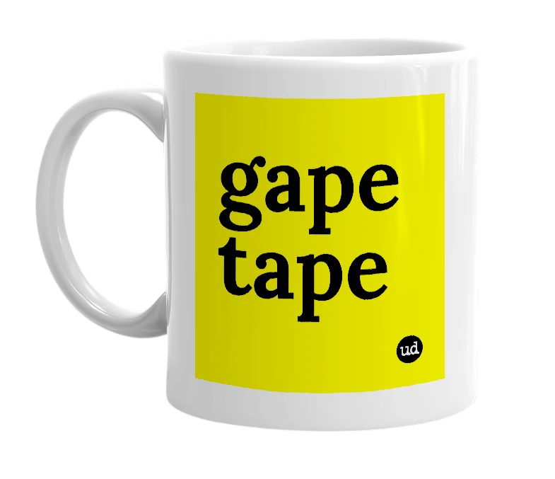 White mug with 'gape tape' in bold black letters