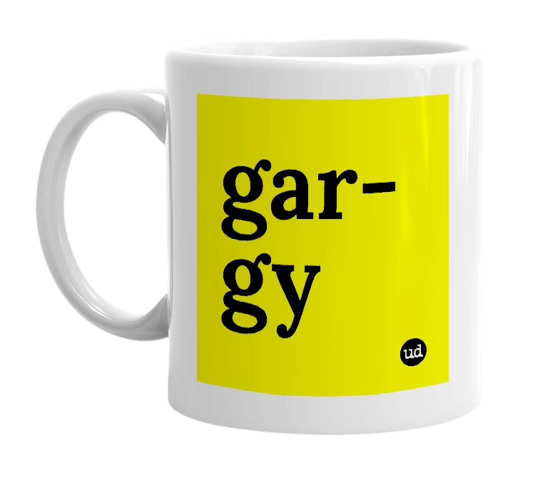 White mug with 'gar-gy' in bold black letters