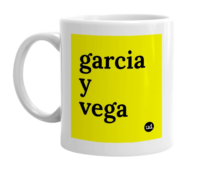 White mug with 'garcia y vega' in bold black letters