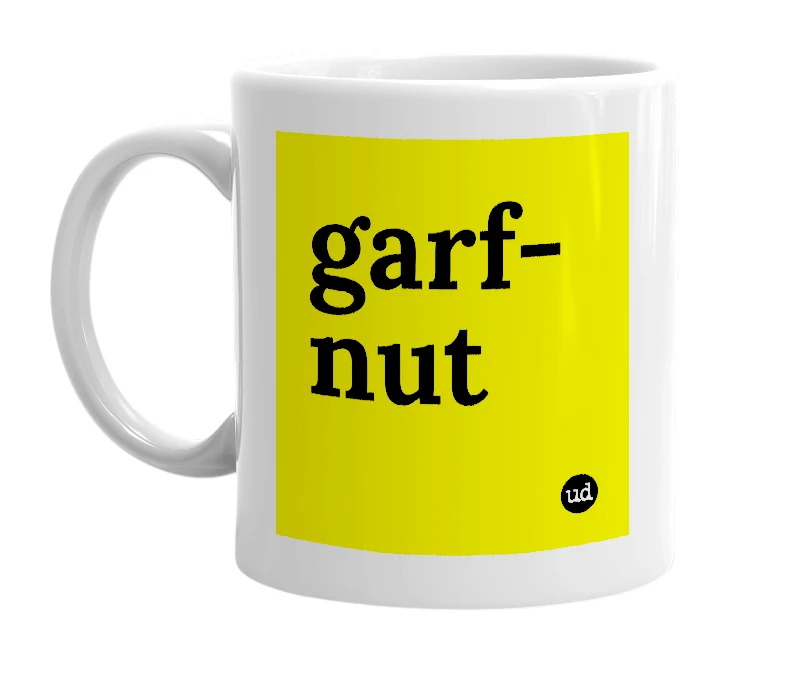 White mug with 'garf-nut' in bold black letters