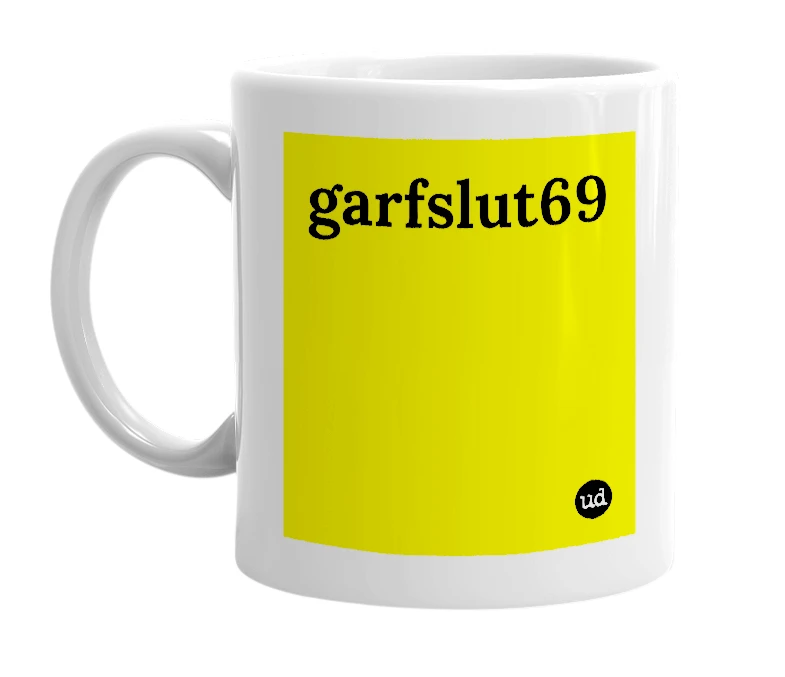 White mug with 'garfslut69' in bold black letters