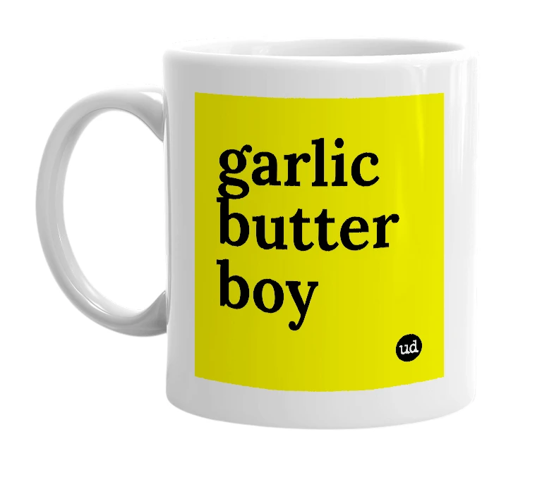 White mug with 'garlic butter boy' in bold black letters