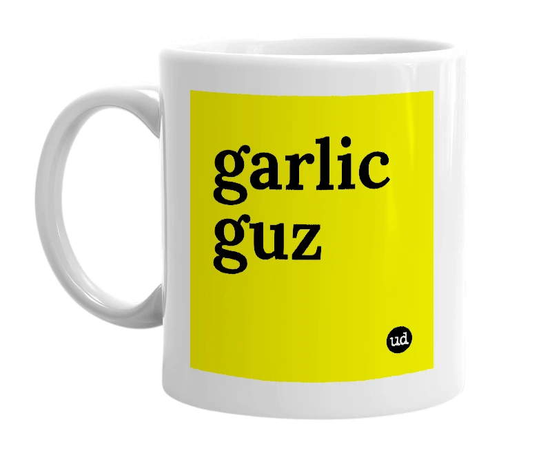 White mug with 'garlic guz' in bold black letters