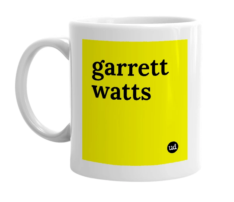 White mug with 'garrett watts' in bold black letters