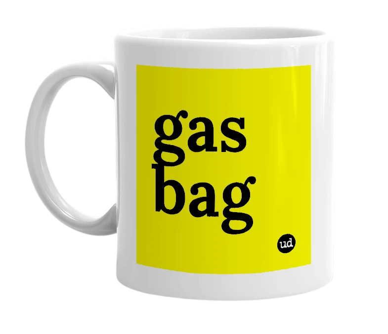 White mug with 'gas bag' in bold black letters