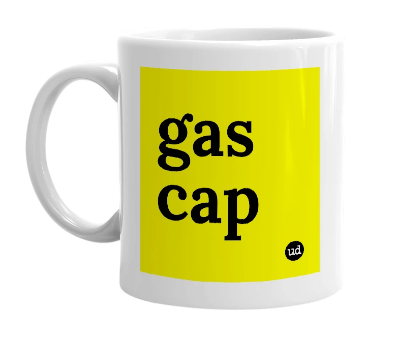 White mug with 'gas cap' in bold black letters