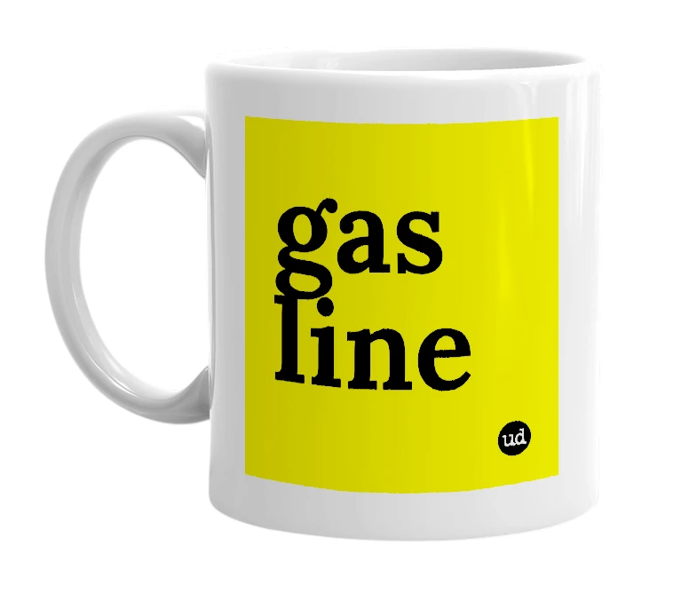 White mug with 'gas line' in bold black letters