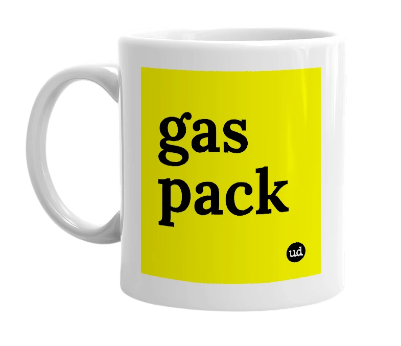 White mug with 'gas pack' in bold black letters