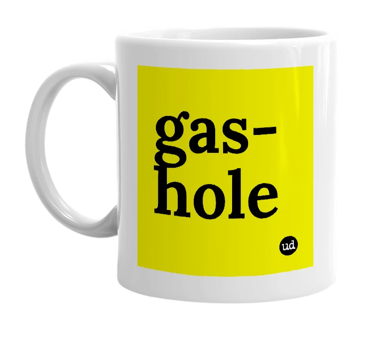 White mug with 'gas-hole' in bold black letters