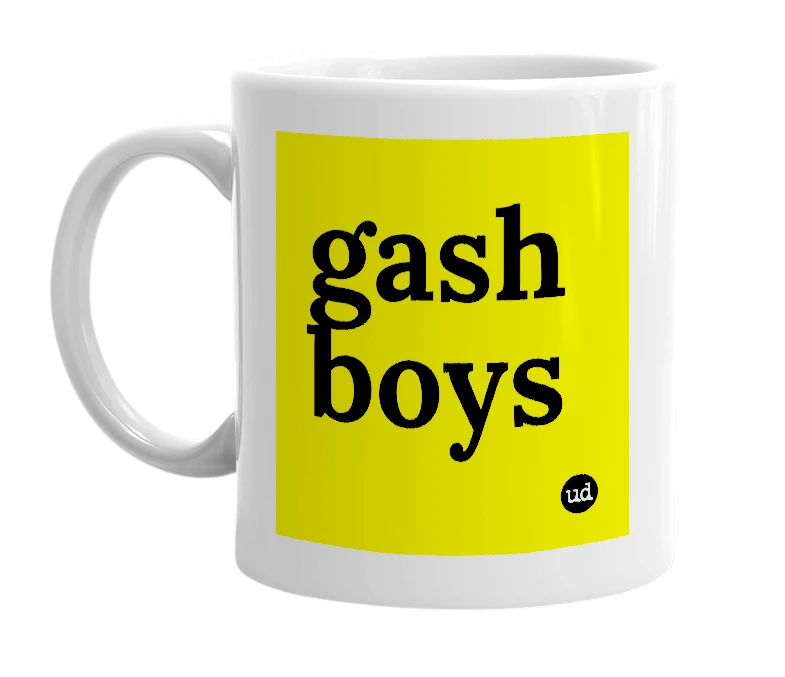 White mug with 'gash boys' in bold black letters