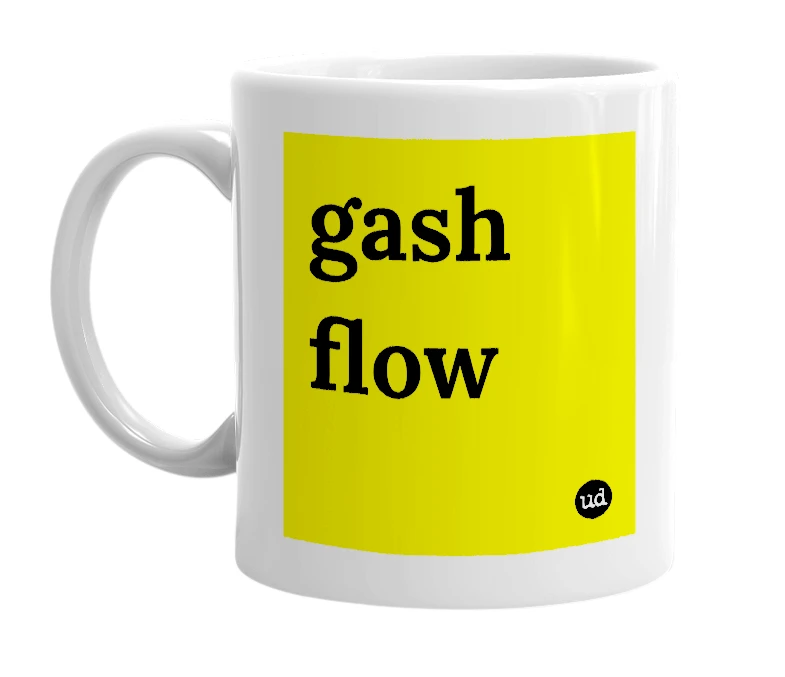White mug with 'gash flow' in bold black letters