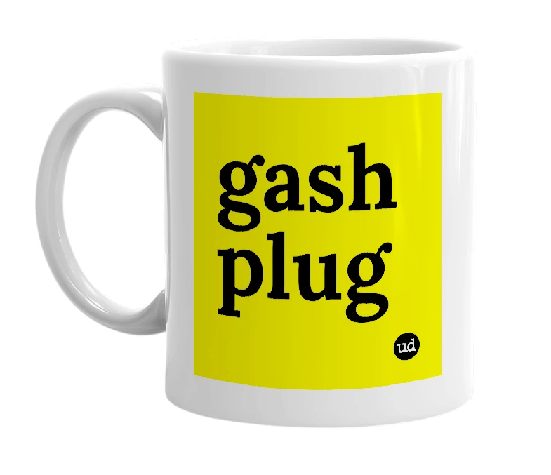 White mug with 'gash plug' in bold black letters