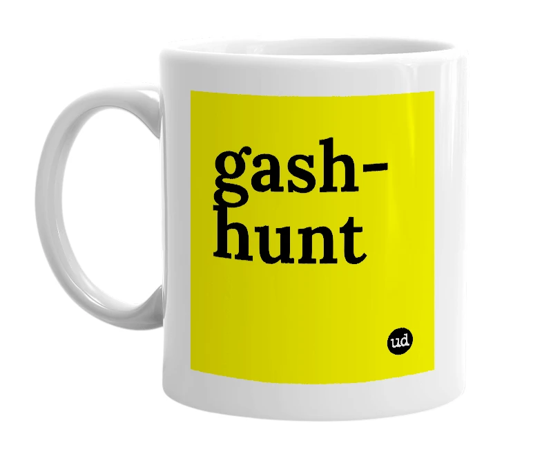 White mug with 'gash-hunt' in bold black letters