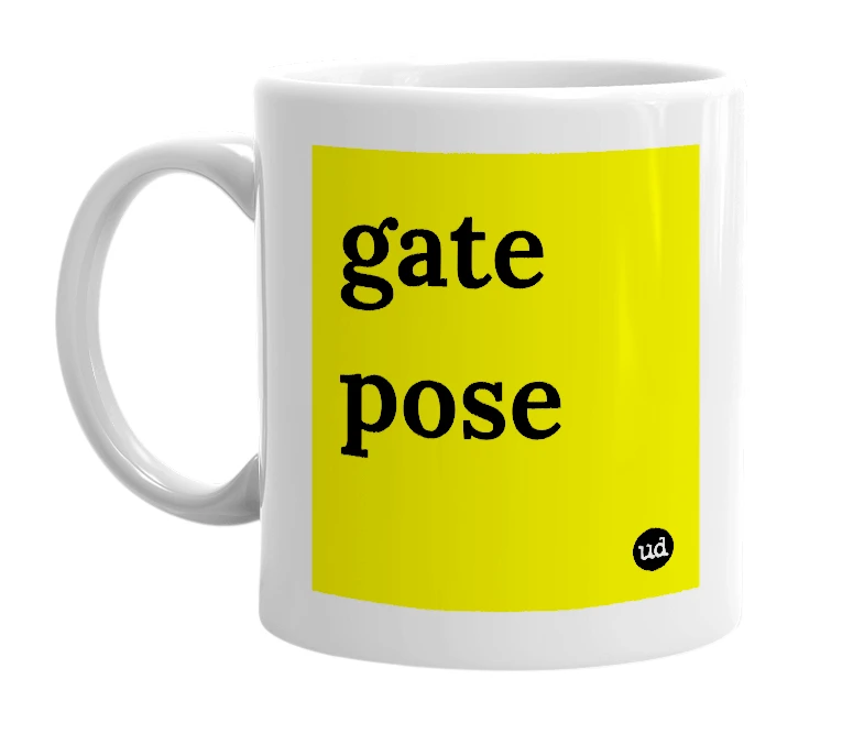 White mug with 'gate pose' in bold black letters