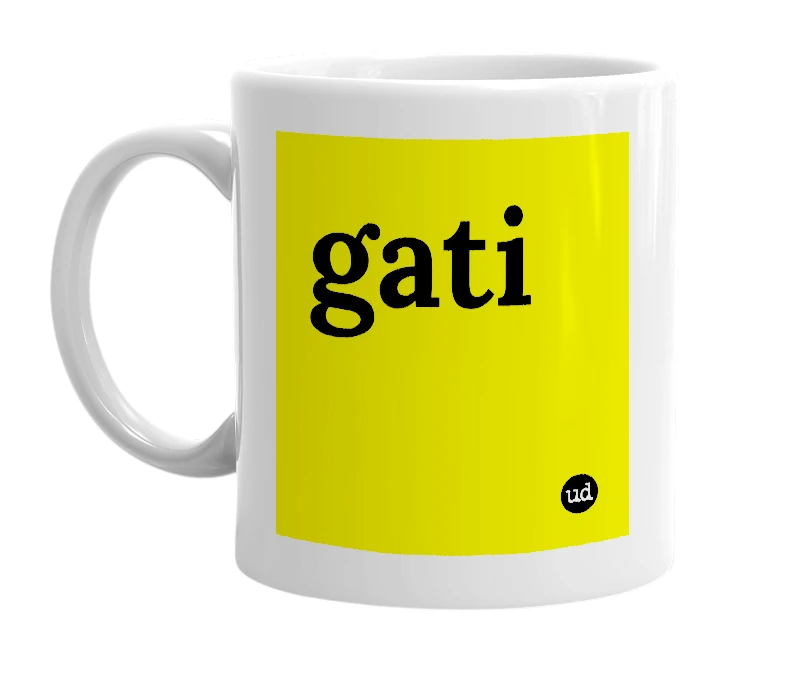 White mug with 'gati' in bold black letters