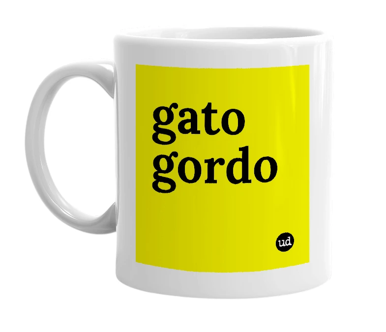 White mug with 'gato gordo' in bold black letters