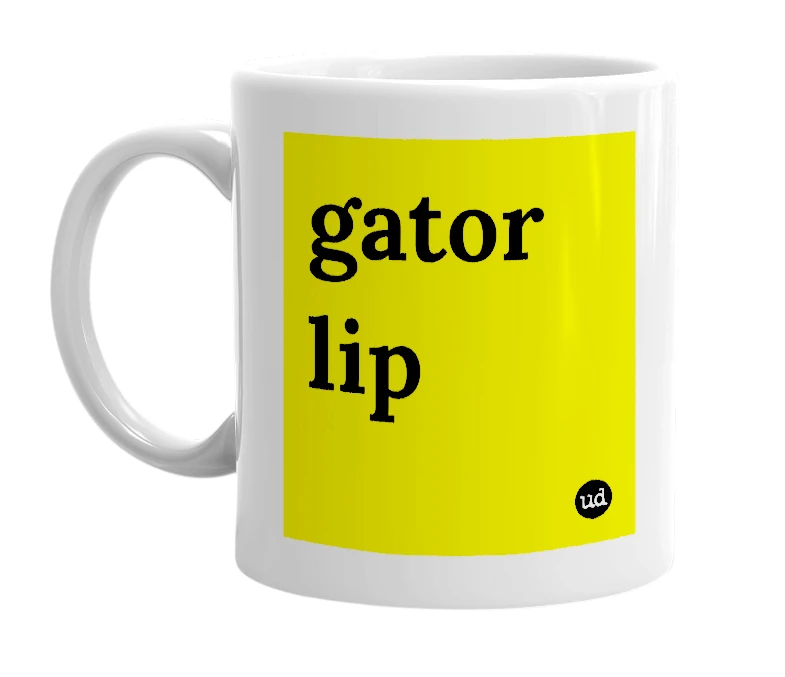 White mug with 'gator lip' in bold black letters