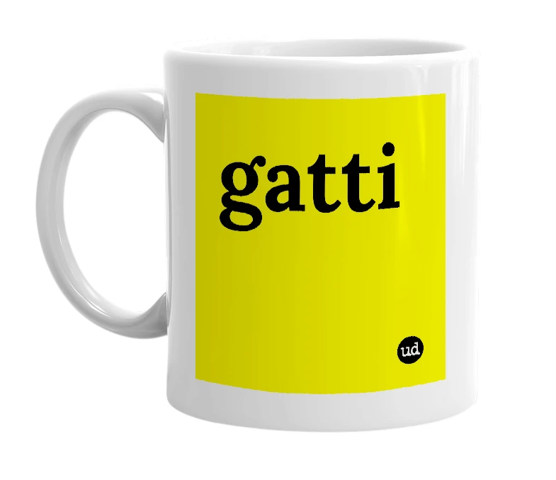 White mug with 'gatti' in bold black letters
