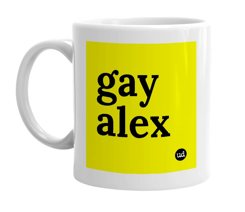 White mug with 'gay alex' in bold black letters