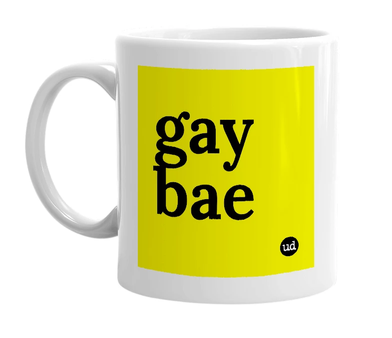 White mug with 'gay bae' in bold black letters