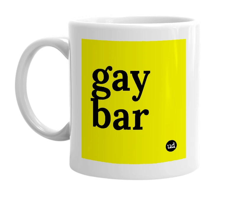 White mug with 'gay bar' in bold black letters