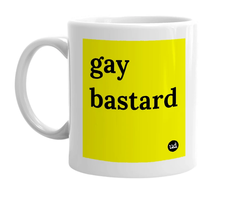 White mug with 'gay bastard' in bold black letters
